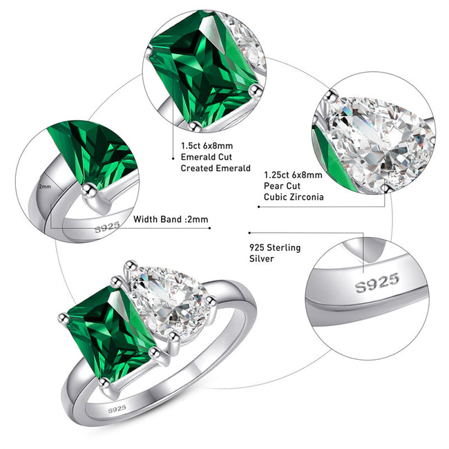 925 Sterling Silver Engagement Ring 1.5ct Double Stone Ring Emerald & Pear Cut Wedding Eternity Ring Cubic Zirconia