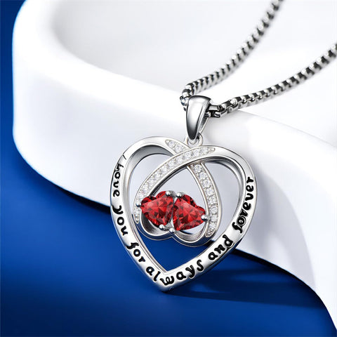 Sterling Silver Double Heart Birthstone Pendant Necklace Engraved with I Love You for Always and Forever