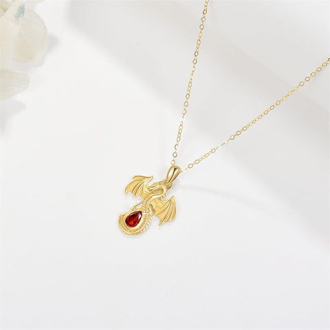 14K Yellow Gold Cubic Zirconia Dragon Pendant Necklace