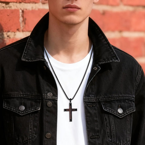 14K Gold  Plated Wooden Cross Crucifix Pendant Necklace for Men