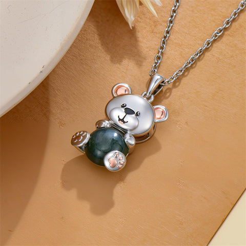 Sterling Silver Moss Agate Hippo Koala Elephant Teddy Bear Pendant Necklace