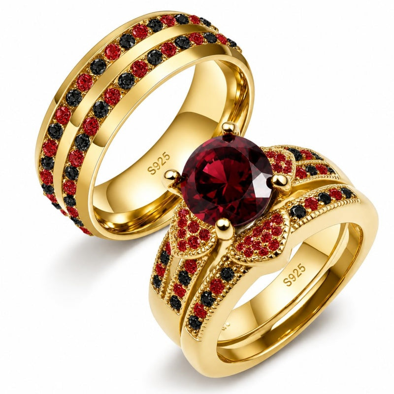 Sterling Silver 10K 14K 18K Gold Personalized Engraved  Halloween Dark Red Gemstone Couple Ring Set