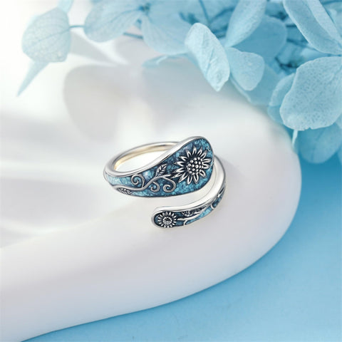 Sterling Silver Turquoise Hummingbird Butterfly Sunflower Adjustable Spoon Ring