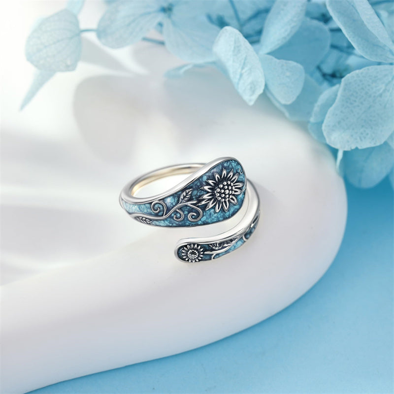 Sterling Silver Turquoise Hummingbird Butterfly Sunflower Adjustable Spoon Ring