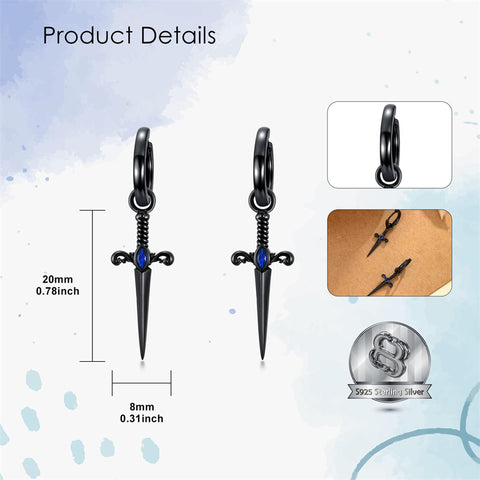 Sterling Silver Black Sword Cross Hoop Earrings Gift for Men Women