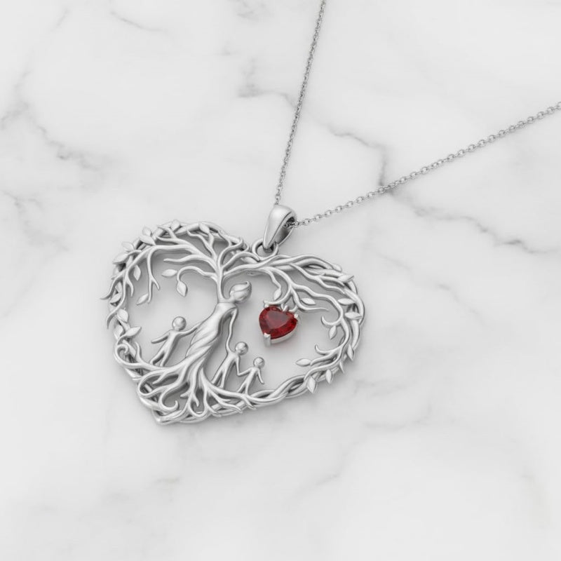 Sterling Silver Heart Pendant Birthstone Tree of Life Mother Child Family Necklace