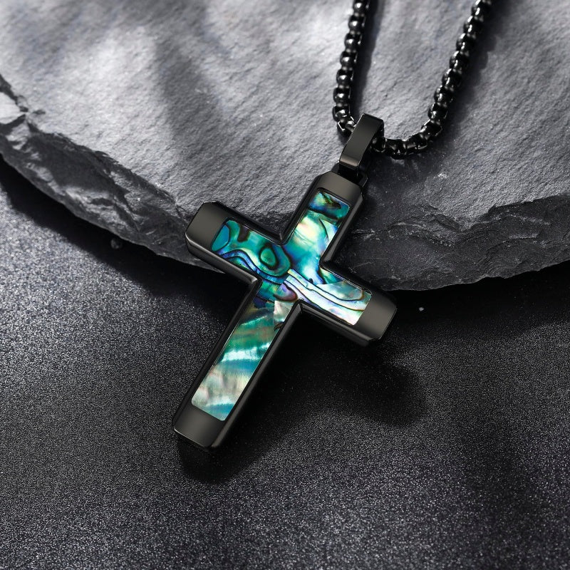 14K Gold Plated Wooden Abalone Shell Cross Pendant Necklacefor Men