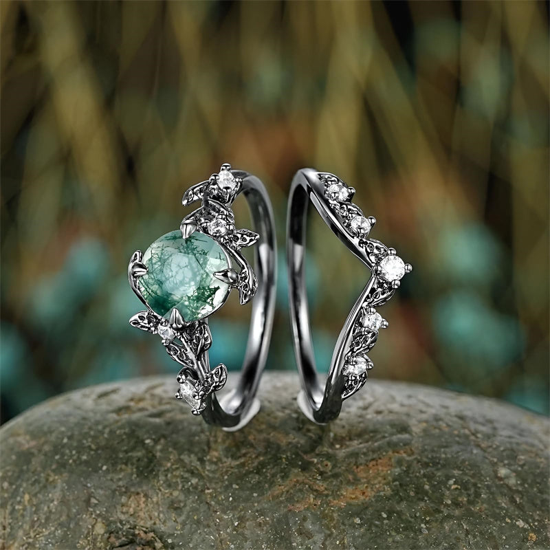 Sterling Silver 10K 14K 18K Gold 2CT Moss Agate Vine Leaf Women's Bridal Ring Sets for Wedding Engagement