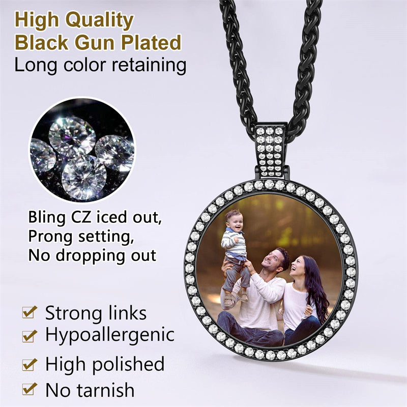 Copper Cubic Zirconia Round Personalized Photo Pendant Necklace