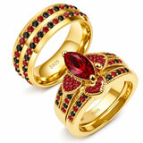 Sterling Silver 10K 14K 18K Gold Personalized Engraved  Halloween Dark Red Gemstone Couple Ring Set