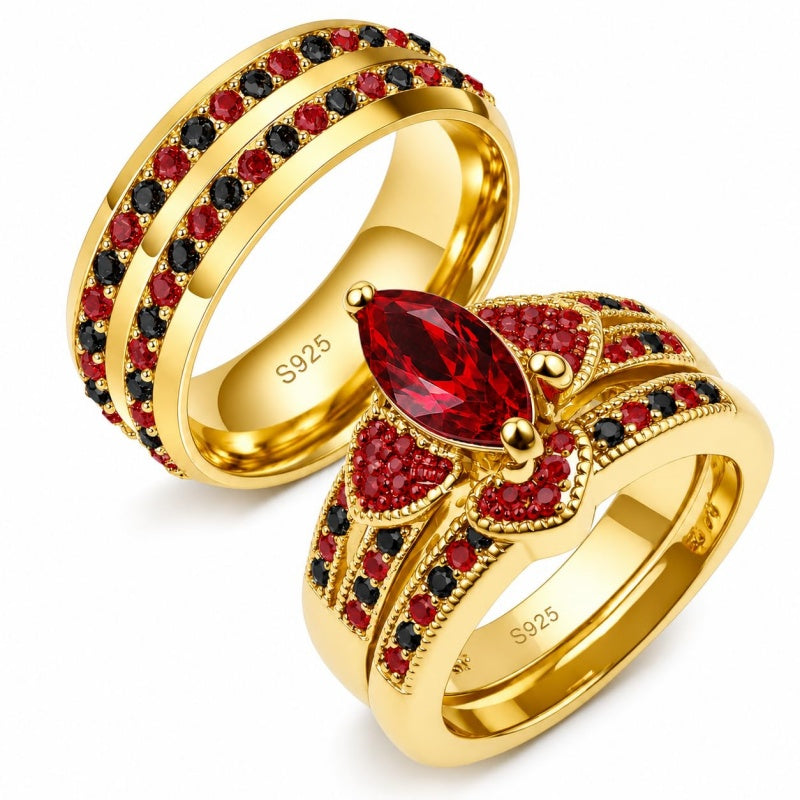 Sterling Silver 10K 14K 18K Gold Personalized Engraved  Halloween Dark Red Gemstone Couple Ring Set