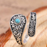 Sterling Silver Turquoise Vintage Adjustable Sunflower Dragonfly Butterfly Feather Tree of Life Spoon Ring