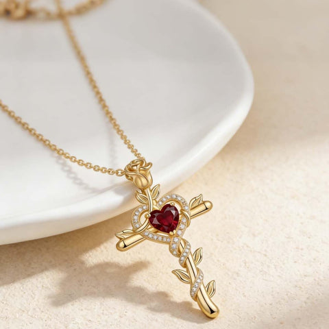14K Gold Plated Heart Birthstone Rose Cross  Pendant Necklace  Religious Christian Jewelry for Women