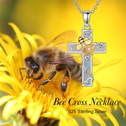 Sterling Silver Bee Cross & Sunflower Pendant Necklace  with Opal
