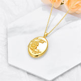 10K 14K 18K Solid Gold Personalized Photo Oval Sunflower Rose Pendant Necklace