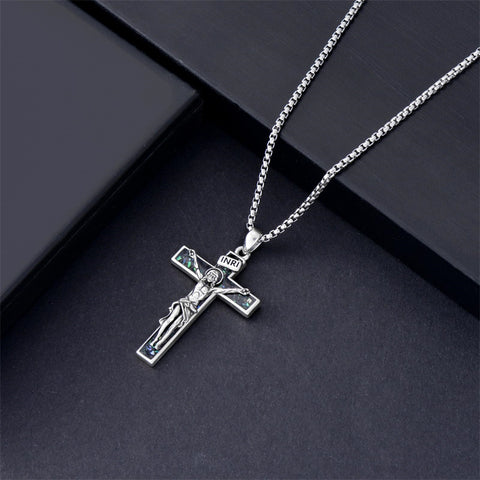 Sterling Silver Turquoise Abalone Shell Oxidation Cross Pendant Necklace