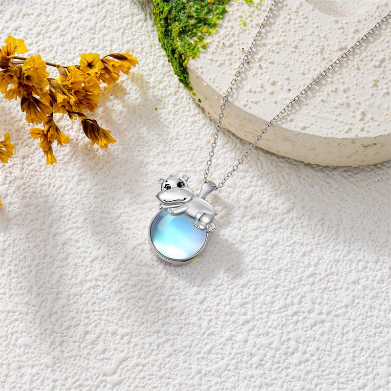 Sterling Silver Moonstone Fox Dolphin Axolotl Teddy Bear Hippo Raccoon Pendant Necklace for Women