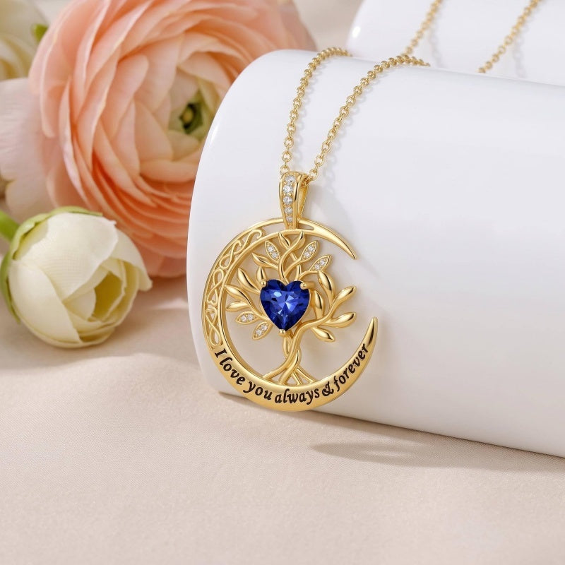 10K 14K 18K Gold Birthstone Tree of Life Pendant Necklace Engraved with I Love You Always & Forever