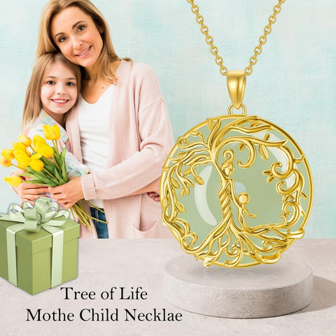 14k Gold Plated Sterling Silver Round Jade Tree of Life Necklace Good Fortune Jewelry for Women