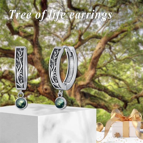 Sterling Silver Moss Agate Tree of Life Hoop Earrings