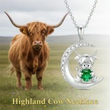 Sterling Silver Round Heart Birthstone Highland Cow Pendant Necklace Fluffy Cow Jewelry Gifts Birthday Christmas