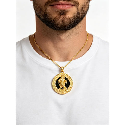 14K Gold Plated Black Onyx Patron Saint Medal Religious Amulet Pendant Necklace for Men