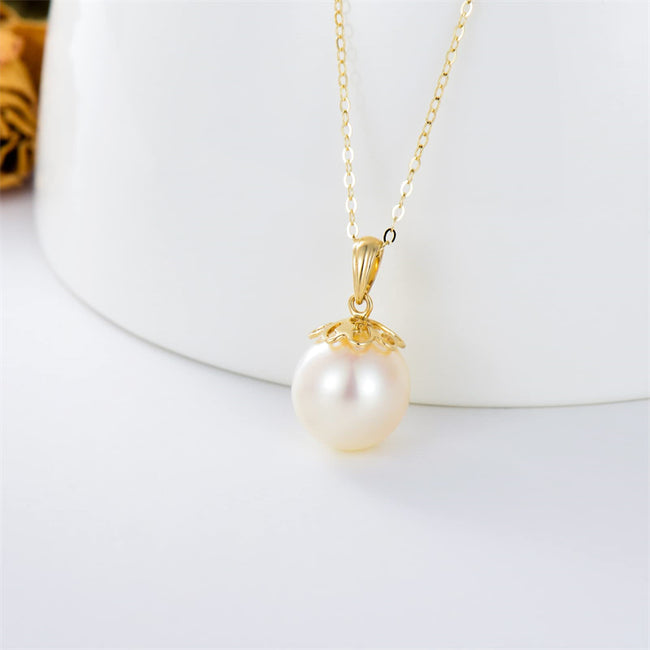 14K Real Gold Pearl Pendant Necklace for Women,Solid Gold 9 MM Freshwater Pearl Necklaces Anniversary Birthday Jewelry Present for Women