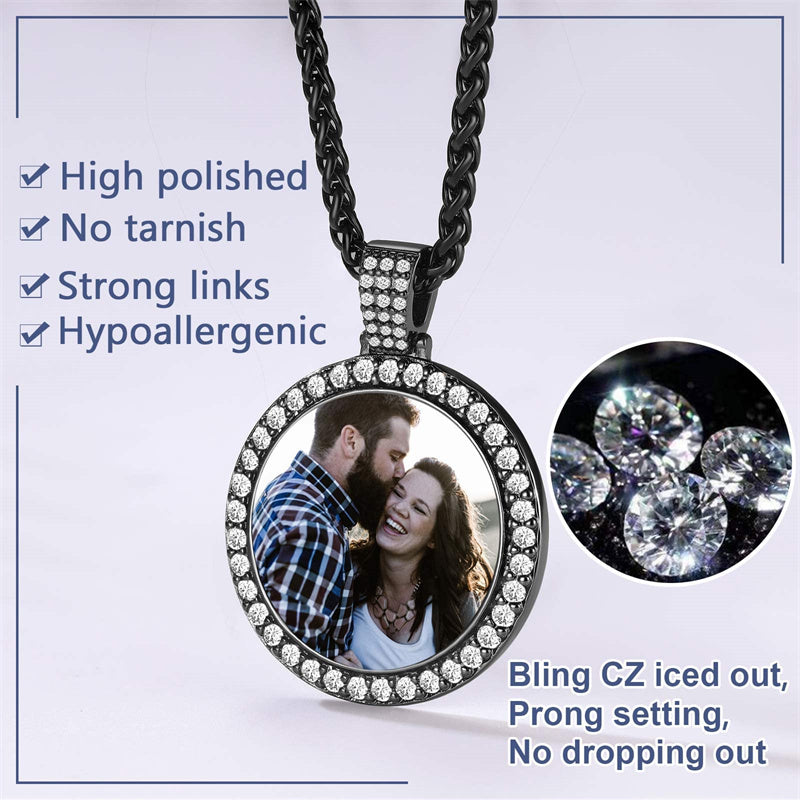 Copper  Cubic Zirconia Round Personalized Photo Engraved Pendant Necklace