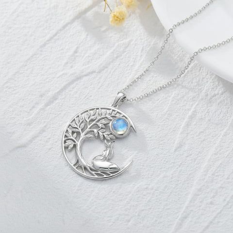 Sterling Silver Moonstone Tree of Life Wolf Cat Fox Rabbit Monkey Pendant Necklace Gift for  Birthday Christmas