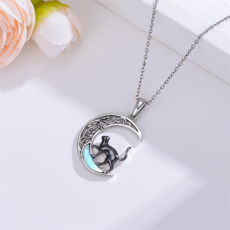 Sterling Silver Moonstone Wolf Cat Koala  Lion Moon Pendant Necklace