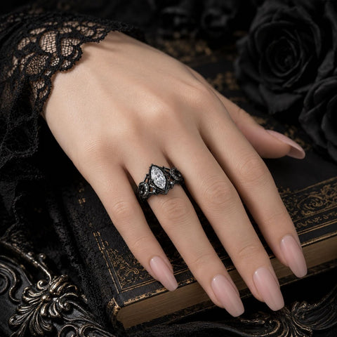 Sterling Silver 10K 14K 18K Gold Moissanite Gothic Black  Engagement Wedding Ring  for Women Halloween Gift