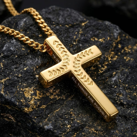 14K Gold Plated Soccer Football Basketball Baseball Cross  with Bible Verses Religious Pendant Necklace for Men