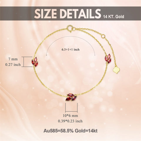9k 14k Gold Garnet Leaf Red Bracelet