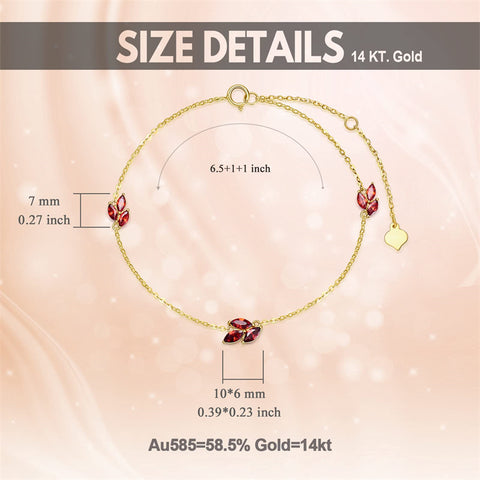 Gold Bracelets for Women 9k/14k Real Gold, Leaf Bracelet with Red Garnet Birthday/Mothers Day Gift for Mom Wife Girlfriend Her 6.5''+1''+1''