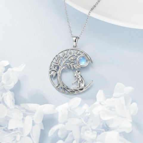 Sterling Silver Moonstone Tree of Life Wolf Cat Fox Rabbit Monkey Pendant Necklace Gift for  Birthday Christmas