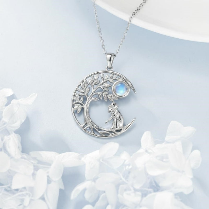 Sterling Silver Moonstone Tree of Life Wolf Cat Fox Rabbit Monkey Pendant Necklace Gift for  Birthday Christmas