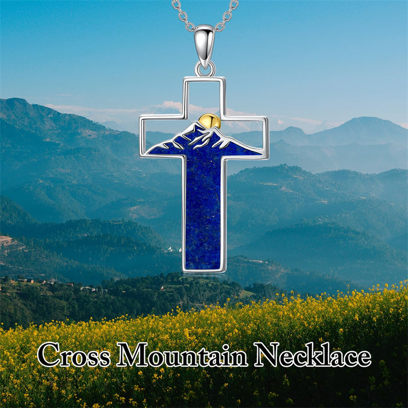 Sterling Silver Lapis Lazuli Abalone Shell Cross Mountains Necklace