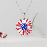 American Flag Necklace 925 Sterling Silver Sunflower Flag Pendant Necklace US Flag Patriotic Necklace Jewelry Independence Day Gifts for Women Teens