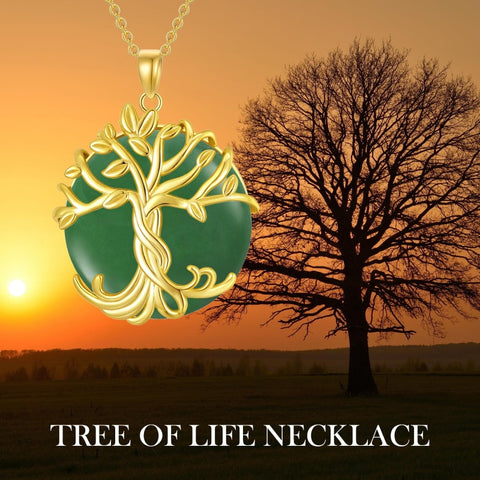 14k Gold Plated Sterling Silver Round Jade Tree of Life Necklace Good Fortune Jewelry for Women