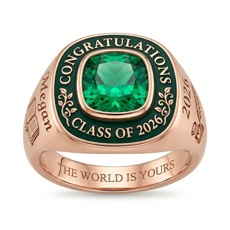 Sterling Silver Personalized  Square Birthstone Engraved Class Ring