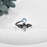 Bat Ring 925 Sterling Silver Bat Moonstone/Natural Black Rutilated Ring Gothic Halloween Jewelry Gifts for Women