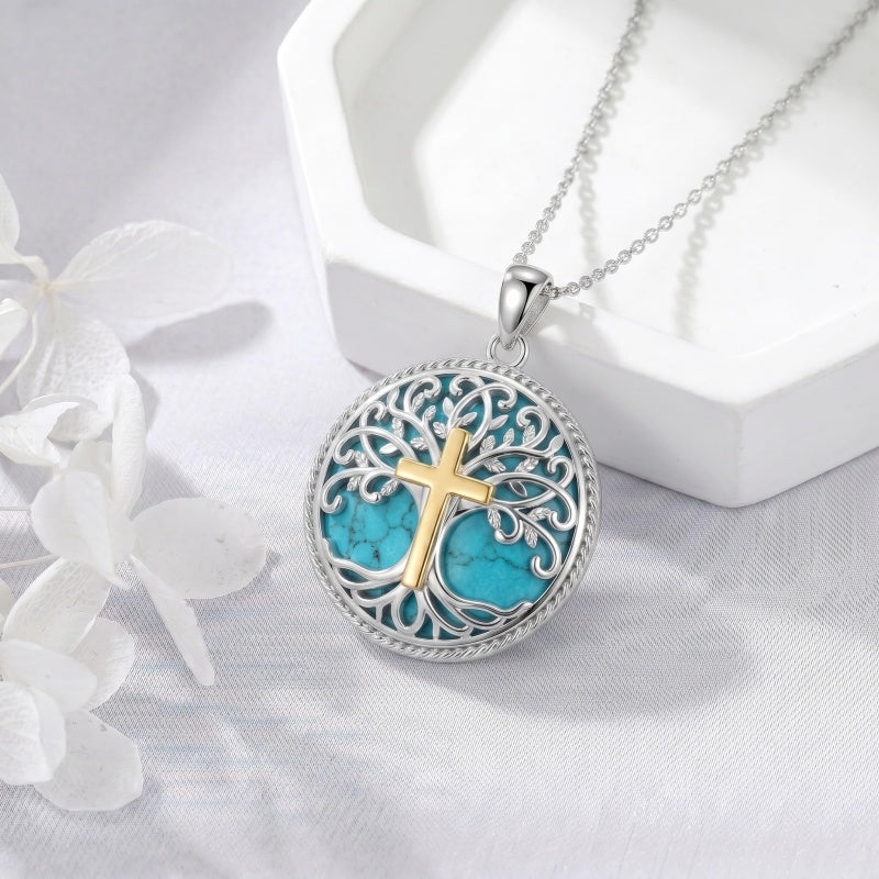 Sterling Silver Turquoise Sun and Moon AA Sobriety Celtic Knot Cross DNA Star of David Tree of Life Pendant Necklace