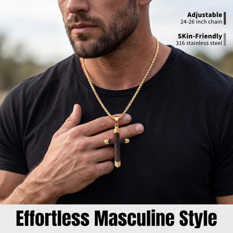 14K Gold  Plated Wooden Cross Crucifix Pendant Necklace for Men