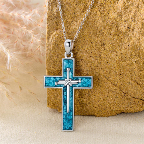 Sterling Silver Turquoise Abalone Shell Oxidation Cross Pendant Necklace