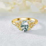 Solid 14K Real Gold Green Moss Agate Engagement Ring Promise Bridal RingWedding Bands Natural Moss Agate Ring for Women