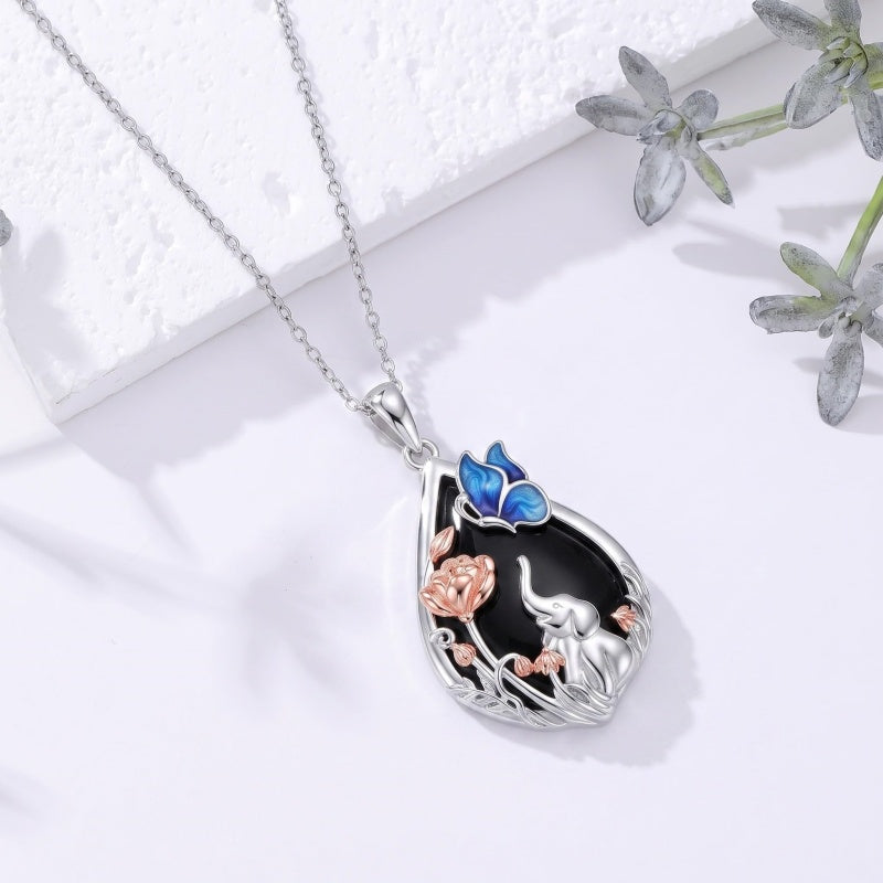 Sterling Silver Obsidian Bunny Cat Elephant Dog Fox Teardrop Pendant Necklace