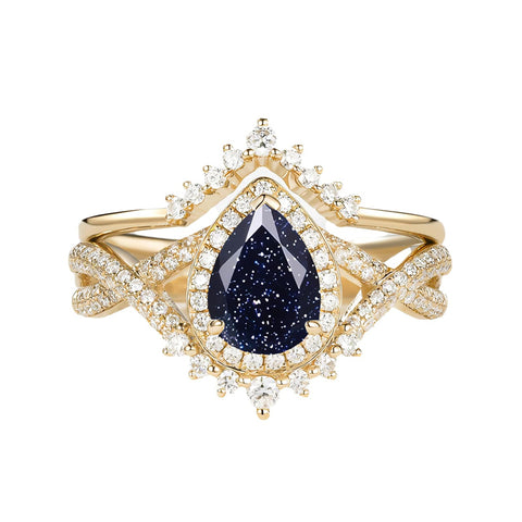 Sterling Silver 10K 14K 18K Gold  Pear Shaped Gemstone Engagement Rings Set