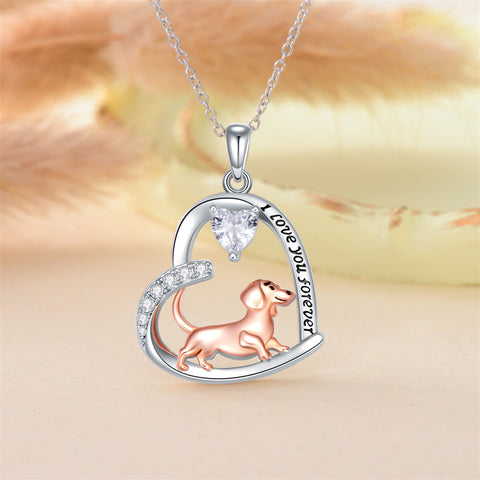 14K Gold Heart Birthstone  Dachshund Pendant Necklace