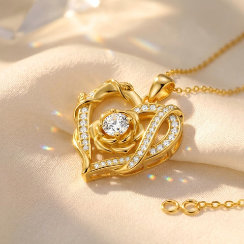Heart Rose Pendant Necklace for Women  14K Gold Plated Mothers Day  Anniversary Birthday Gift