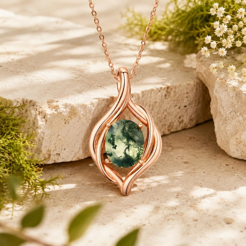 14K Gold Plated Moss Agate Pendant Necklace Boho Jewelry for Women